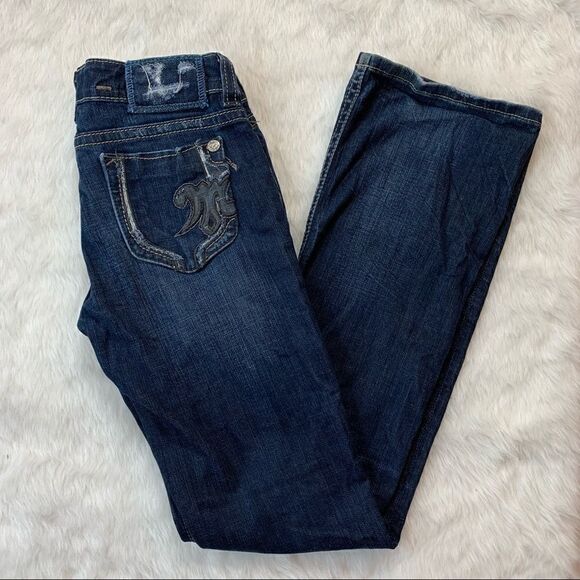 Mek Denim USA Nadym Bootcut Jeans Womens 28x34 Low Rise Distressed Dark Wash - Picture 1 of 11